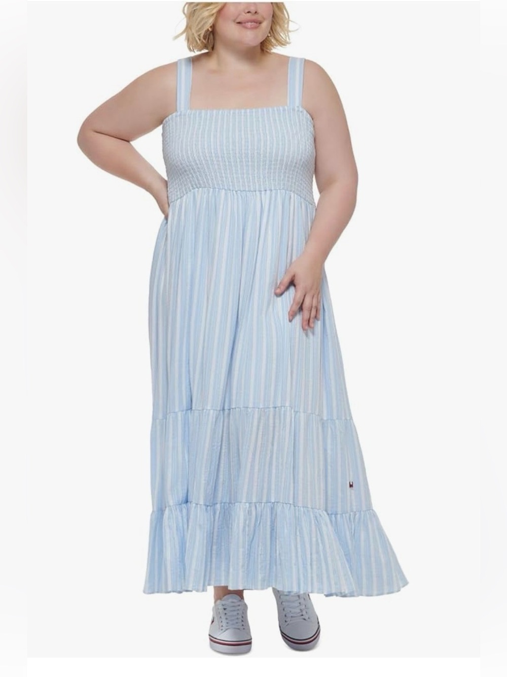 Tommy Hilfiger Striped Smocked Tiered Seersucker Maxi Dress Cotton comfy Large